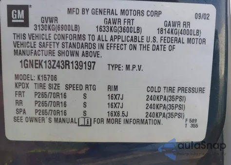 2003 Chevrolet Tahoe Lt из США, поврежденный, VIN 1GNEK13Z43R139197